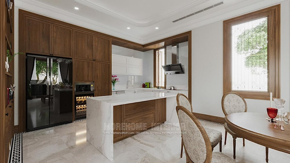 Thiết kế nội thất phòng bếp đẹp với chất liệu gỗ tự nhiên, đá ốp bàn bếp, tủ rượu.... Thiết kế phòng bếp đẹp và sang trọng