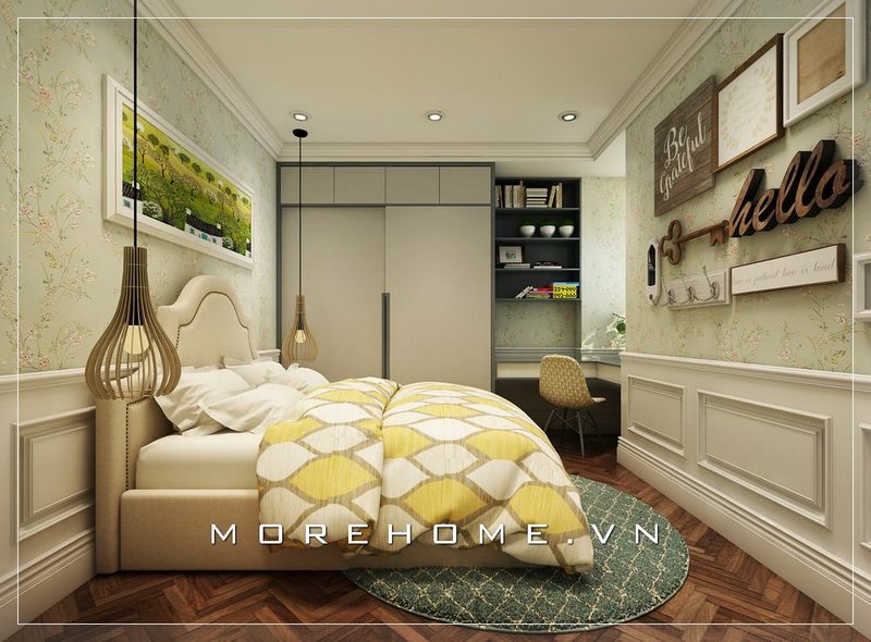 Mẫu thiết kế phòng ngủ con trai đầy ấn tượng, chiếc giường ngủ bọc da được bố trí chính giữa tạo cảm giác cân bằng cho cả căn phòng