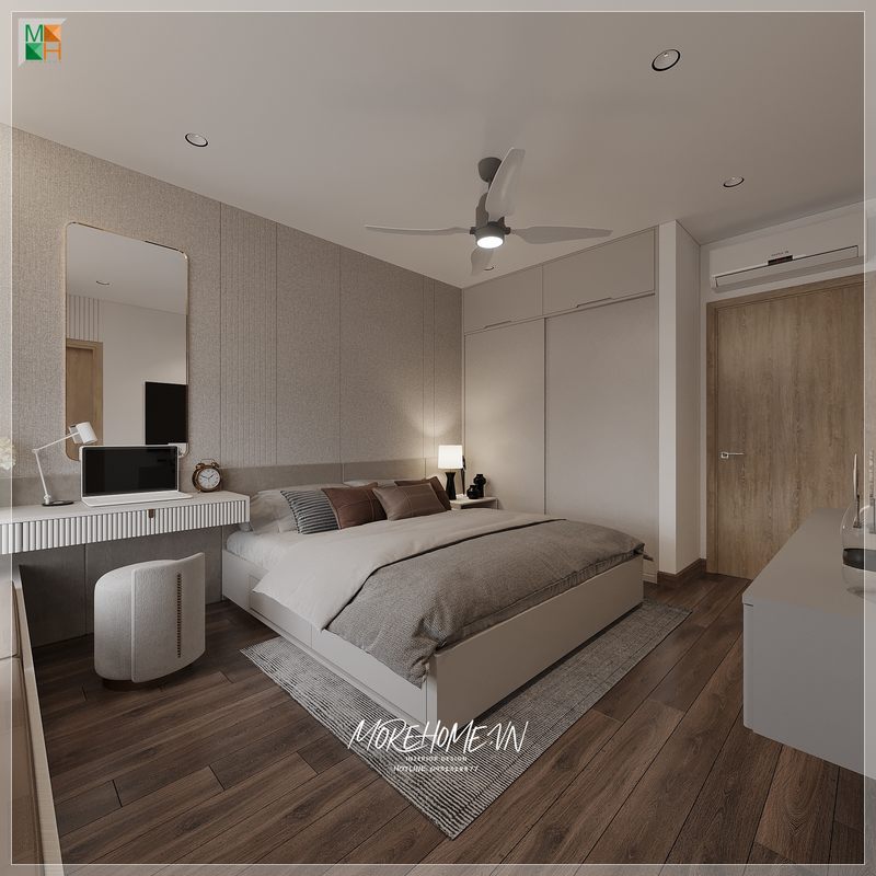 Tủ quần áo với kiểu dáng thiết kế hiện đại góp phần tô điểm thêm giá trị thẩm mỹ cho không gian sống của căn phòng.