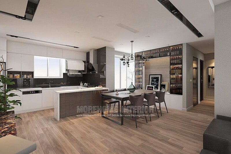 Thiết kế nội thất phòng bếp tiện nghi với hệ tủ bếp acrylic thông minh cùng bộ bàn ăn gỗ cao cấp cho căn hộ chung cư thêm sang trọng, đẳng cấp